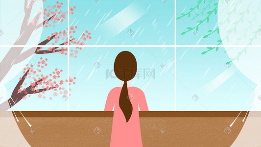 窗户雨水插画图片_站在窗前看雨的女孩插画