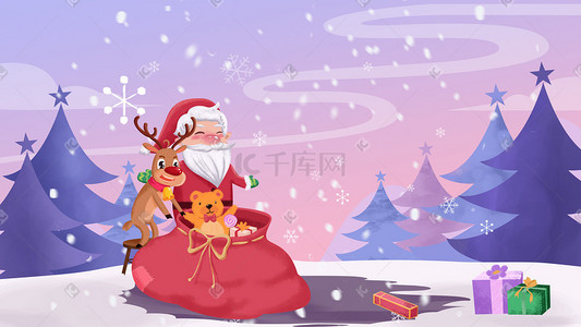 素描驯鹿插画图片_卡通圣诞节圣诞老人和驯鹿检查礼物圣诞
