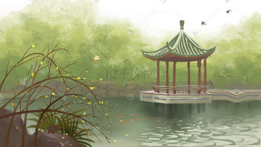 自然植物插画图片_清明湖畔凉亭清新自然绿色风景手绘场景插画