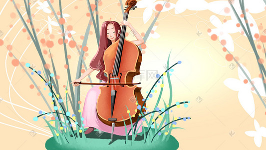 交响乐器插画图片_大提琴乐器演奏手绘插画