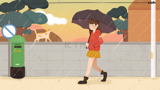 女孩下雨插画图片_下雨女孩撑伞猫邮筒小清新插画