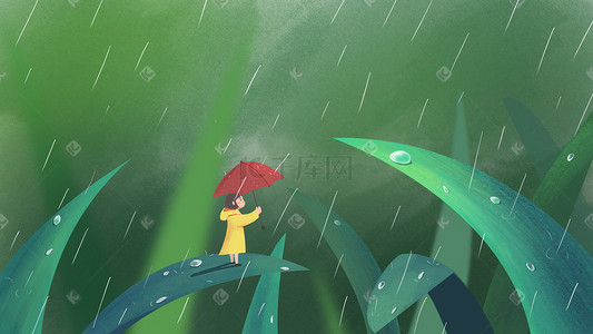 下雨的雨水插画图片_下雨天打伞的女孩