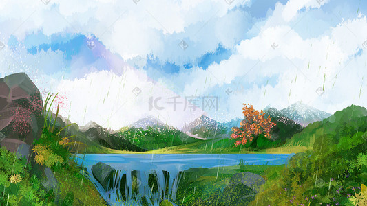 杏花烟雨插画图片_烟雨朦胧的湖边风景