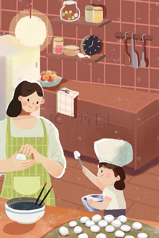 母亲节帮妈妈做饭包饺子包汤圆爱母亲插画