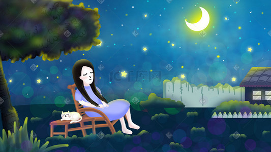 仲夏夜夏天星空月亮女孩白猫乘凉手绘插画