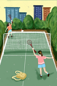 打羽毛球的小猪插画图片_运动主题打羽毛球的女孩手绘插画