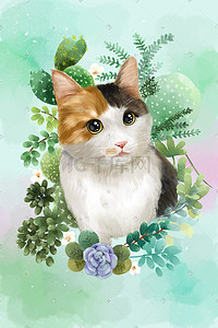 水彩手绘可爱插画图片_可爱宠物三花猫头像
