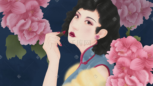 口红竖版插画图片_创意民国古典妩媚复古美女海报壁纸