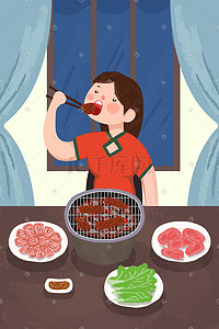 炭火烘烤插画图片_吃炭火烤肉的吃货