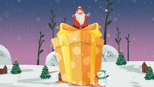 圣诞树圣诞老人雪插画图片_卡通圣诞节圣诞老人送大礼圣诞