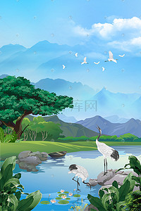 仙鹤背景插画图片_蓝色手绘清新山水仙鹤背景