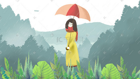 雨中漫步的女孩撑伞
