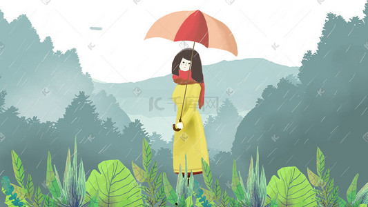 中植插画图片_雨中漫步的女孩撑伞