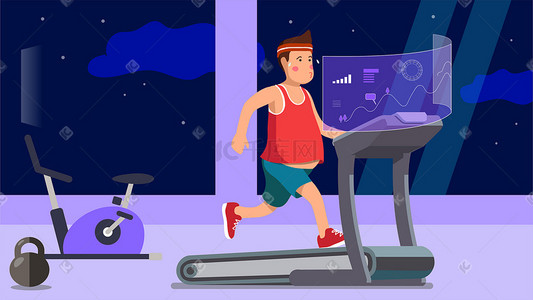 哑铃运动插画图片_智能跑步机上的小胖哥科技