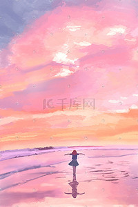 蓝天夕阳插画图片_夕阳下女孩漫步在海边