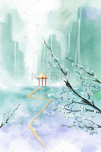 水彩山水插画图片_清明节水墨山水花卉春季风景