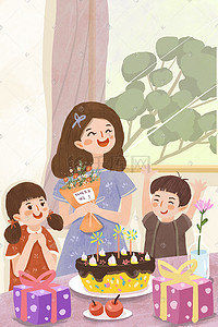 孩子过生日插画图片_母亲节两个孩子给妈妈过节日