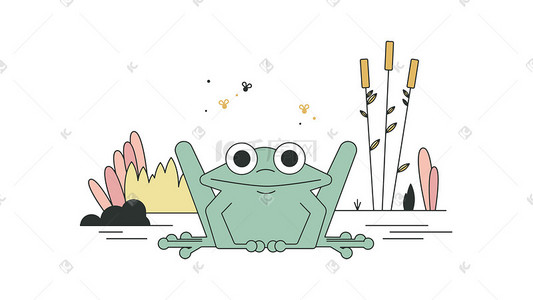 池塘动物插画图片_简约青蛙池塘风景插画