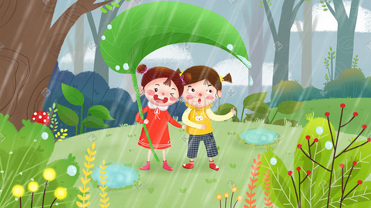 小男孩淋雨插画图片_谷雨下雨天打伞小女孩