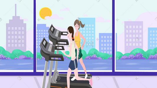 城市生活卡通插画图片_全民健身日之健身房跑步