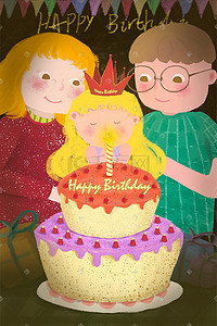 庆祝生日插画图片_卡通手绘风生日派对爸爸妈妈给女孩庆祝生日
