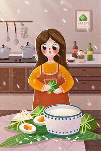 粽子端午插画图片_小清新端午节女孩包粽子端午