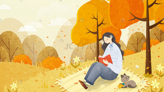 落叶插画图片_手绘秋天看书的女孩