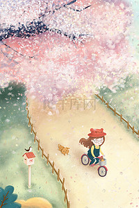 信使邮筒插画图片_三月樱花树下女孩骑自行车