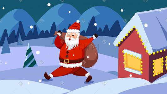 卡通冬天房子插画图片_卡通可爱圣诞老人送礼物手绘插画圣诞
