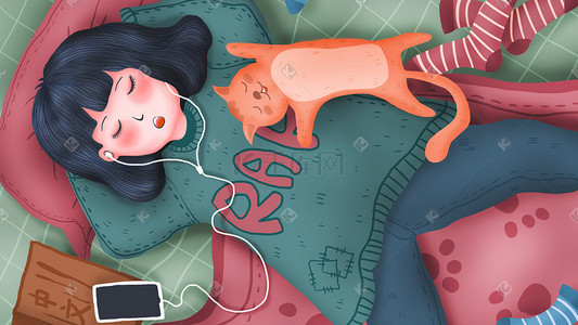 休息女孩插画图片_春困春乏睡觉的女孩与猫咪