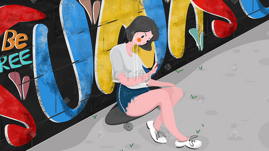 手机主题插画图片_城市生活主题系列插画——滑板女孩