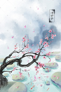 锦鲤插画图片_清明节水墨中国风春天风景锦鲤插画