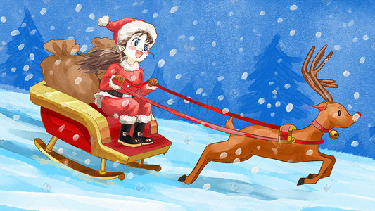圣诞节圣诞女孩麋鹿飞驰在雪地圣诞