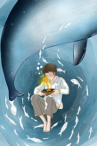 人与动物插画图片_治愈系人与动物卡通男孩鲸鱼人物海报