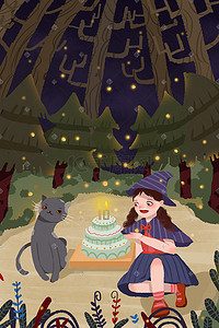 生日蛋糕生日快乐过生日少女森林夜景插画