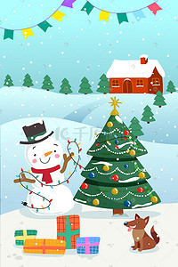 扁平圣诞树插画图片_忙着妆点圣诞树的雪人圣诞