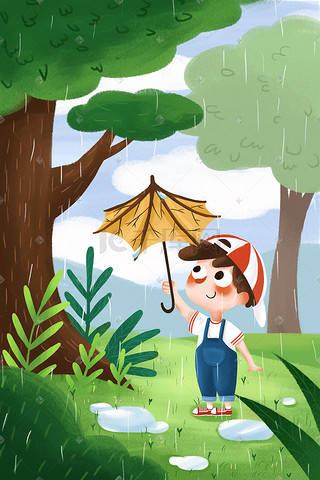 雨水插画图片_春天春季春雨下雨雨水男孩撑伞小清新