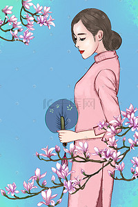 扇子创意插画图片_民国旗袍气质美女与春季花卉