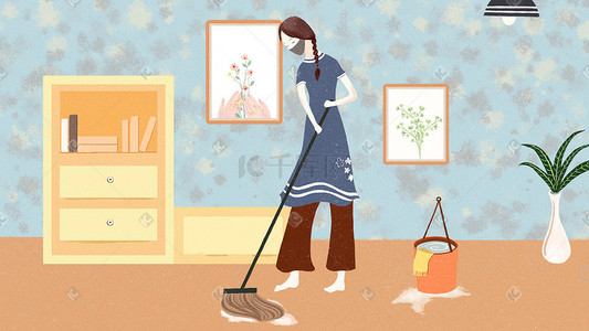 五一海报插画图片_51女孩打扫客厅海报