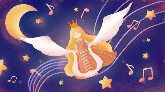 翅膀公鸡插画图片_抱着竖琴的小公主