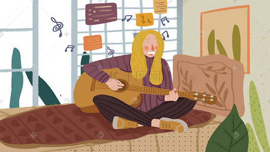 寒假假期插画图片_寒假假期少女生活方式弹吉他音乐卡通插画