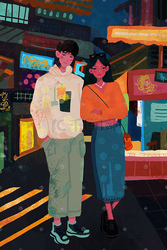 情人节情侣约会逛街街道卡通扁平唯美插画