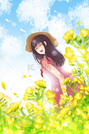 阳光下被油菜花包围着的少女