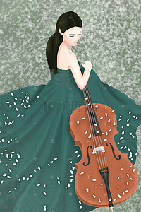 享受音乐插画图片_樱花树下女生和大提琴合影