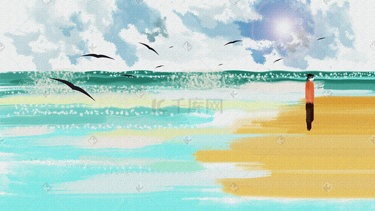 蓝色海滩背景插画图片_广阔海滩水粉背景图