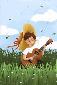 吉他插画图片_春天踏春惬意小清新男孩在草地弹吉他原创