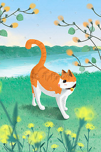 戏猫之春暖花开手绘插画