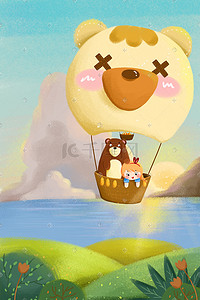 热气球插画图片_元气少女熊热气球黄色卡通插画