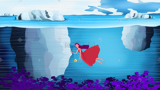 自救之旅插画图片_探险少女的冰川海底之旅