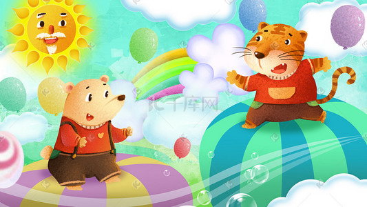 小老虎插画图片_热气球的上的小熊和小老虎六一